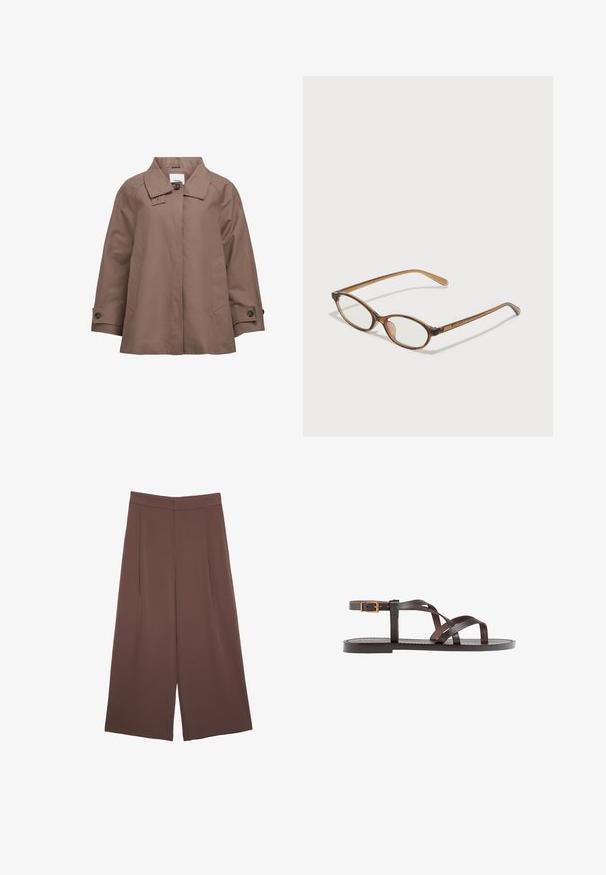 Object Summer jacket - morel; Brown short-sleeve t-shirt made of soft fabric, featuring a round neckline and a relaxed fit. Smooth texture with no patterns or accents.; Brown wide-leg trousers with a smooth texture, featuring a high waist and front pleats. The fabric is lightweight and flows loosely.; Brown leather sandal featuring crisscross straps, an ankle buckle closure, and a flat sole with minimal stitching details.; Brown tortoiseshell glasses with oval lenses, thin arms, and transparent accents. Features a subtle logo on the temple. Sleek, lightweight design.