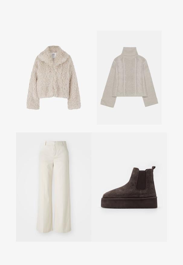 Krēmkrāsas mākslīgā kažokādas saīsināts jaka ar plašu apkakli, teksturētu virsmu un garām piedurknēm. Iekļauj priekšējo pogu aizdari.; Izgriezts, gaiši pelēks adīts džemperis ar augstu apkakli un ribotiem piedurknēm, ar fakturētām virknēm gar muguru un sāniem.; Platas kājās bikses gaisā bežā krāsā, izgatavotas no gludas auduma. Iezīmē klasisku jostasvietu un plakanu priekšpusi ar tīrām līnijām.; Brūni zamša Chelsea zābaki ar elastīgiem sānu paneļiem un biezas, teksturētas platformas zoli. Iespējams, ir vilkšanas cilpa uz papēža, kas atvieglo uzvilkšanu.