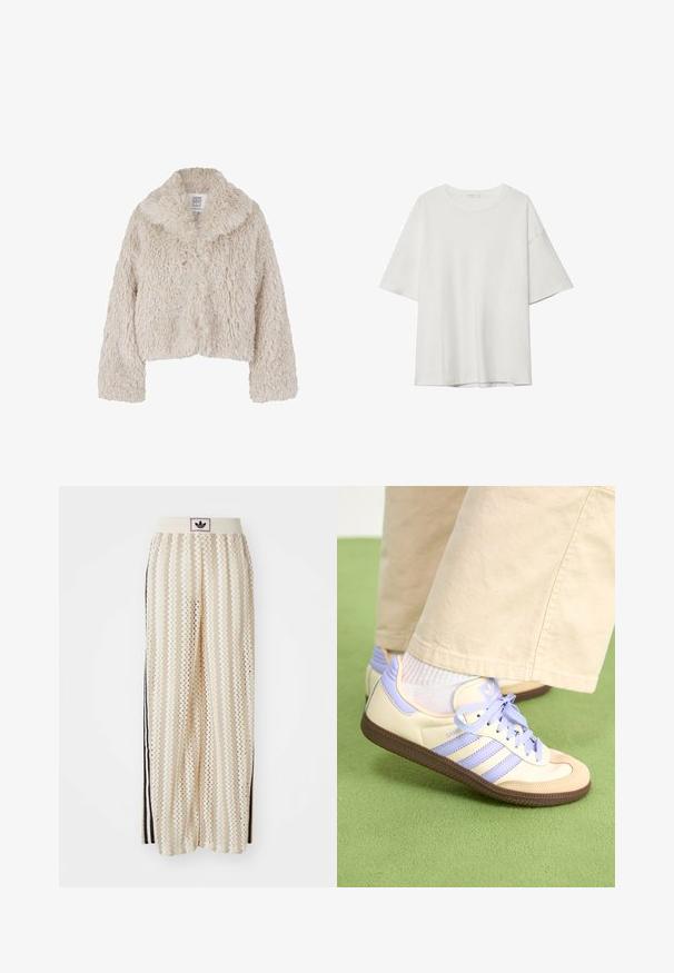 Krämfärgad fuskpälskavaj med bred krage, texturerad yta och långa ärmar. Har en knappstängning fram.; Vitt kortärmat t-shirt med rund halsringning och lös passform. Tillverkad av ett mjukt tyg utan synliga mönster eller dekorationer.; Krämfärgade vida byxor med ett zick-zack-mönster, med en svart logoband och svarta sidostråk. Lätt och strukturerad tyg.; Krämfärgade och lavendelfärgade sneakers med tre ränder och en texturerad brun sula, med snören och en vadderad häl. Mjuk tygobero.