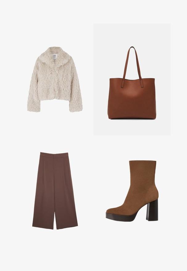 Kremowa, sztuczna futrzana kurtka z krótkim krojem, szerokim kołnierzem, teksturowaną powierzchnią i długimi rękawami. Posiada zapięcie na guziki z przodu.; Jasno beżowa, krótko rękawowa koszulka z okrągłym dekoltem, wykonana z miękkiego, gładkiego materiału. Posiada luźny krój i prosty dół.; Brązowe spodnie o szerokich nogawkach z gładką fakturą, z wysokim stanem i plisami z przodu. Materiał jest lekki i luźno opada.; Brązowe zamszowe botki sięgające kostki z zaokrąglonym noskiem, masywnym czarnym paskiem na obcasie i gładką powierzchnią. Charakteryzują się dopasowanym krojem bez widocznych elementów metalowych.; Brązowa skórzana torba tote o gładkiej fakturze, z otwartym wierzchem i dwoma ramiączkami. Charakteryzuje się minimalnym przeszyciem i brakiem widocznych elementów metalowych.