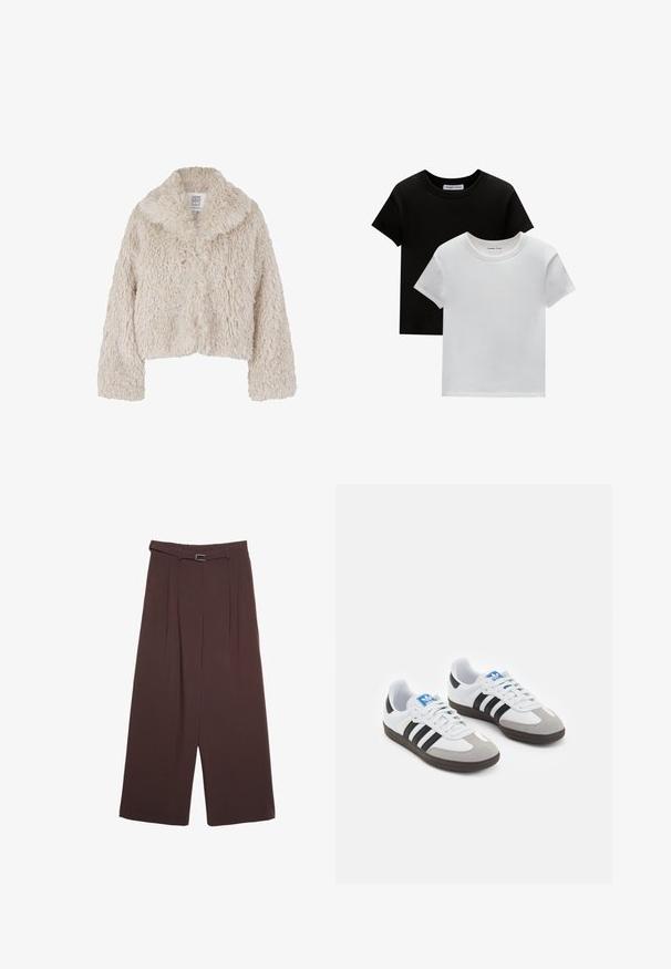 Cremefarvet faux fur cropped jakke med en bred krave, tekstureret overflade og lange ærmer. Har en knaplukning fortil.; To crew-neck t-shirts i sort og hvid, lavet af bomuld. De har korte ærmer og et ensfarvet design uden mønstre eller accenter.; Stradivarius WIDE-LEG WITH BUCKLE DETAIL - Bukser - dark brown; Sportsko med en overdel i hvid læder, grå ruskind på tåen og tre sorte striber. Har et blåt logo på tungen og en struktureret gummisål.