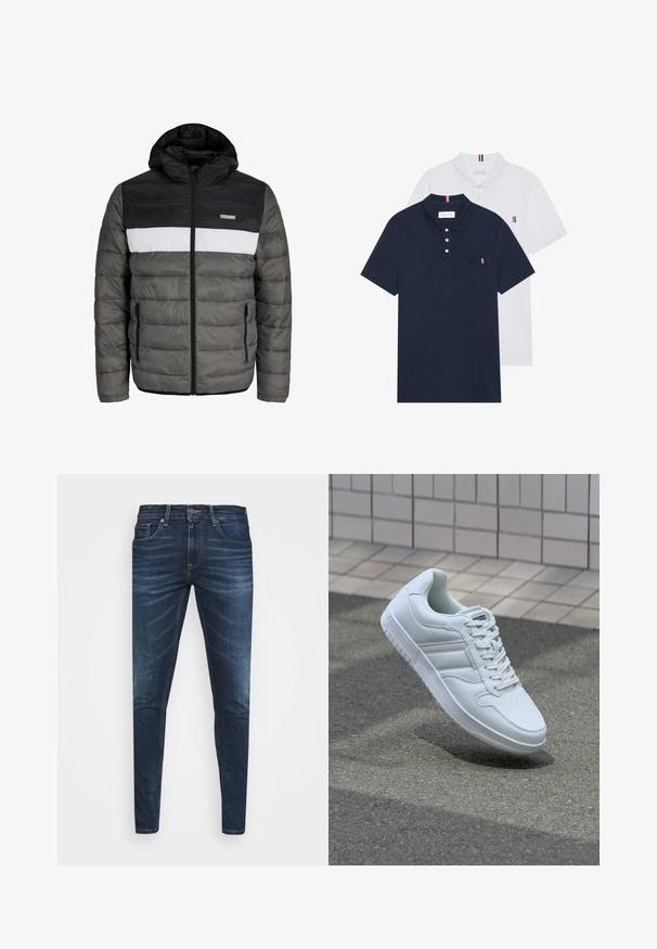 Geacă căptușită cu glugă neagră, corp gri și panou central alb. Dispune de închidere cu fermoar și buzunare laterale cu un model quilted orizontal.; Două tricouri polo: unul albastru navy și unul alb, ambele având un mic accent roșu, alb și albastru pe buzunarul de la piept și guler.; Jeans din denim de culoare albastră închisă, cu o croială slim, ușor decolorate, cinci buzunare și închidere cu buton metalic. Detalii cusute în culori contrastante.; Adidași albi pentru sport cu superior din piele netedă, sistem de șireturi în față, vârf perforat și talpă cu model. Design minimalist cu trei dungi laterale.