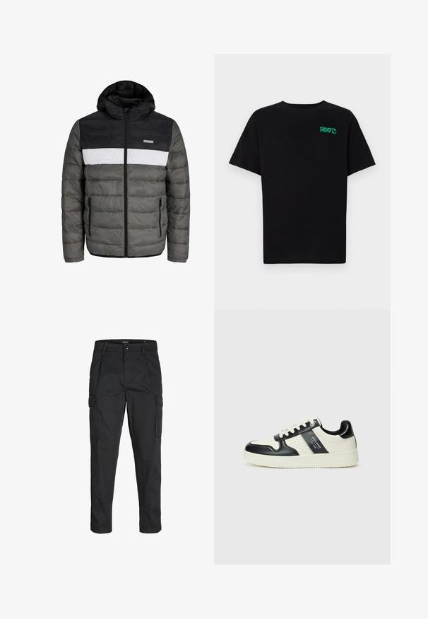 Veste matelassée avec capuche noire, corps gris et panneau central blanc. Elle comporte une fermeture éclair et des poches latérales avec un motif matelassé horizontal.; T-shirt noir en coton à manches courtes. Présente un logo "ROOTS" vert sur le devant, un col rond et une coupe standard.; Pantalons cargo noirs en tissu résistant, dotés de plusieurs poches, d'une fermeture par bouton et d'une coupe slim avec des jambes fuselées.; Baskets en cuir avec un schéma de couleurs noir et crème, dotées d'accents perforés, d'un col rembourré et d'une semelle texturée.