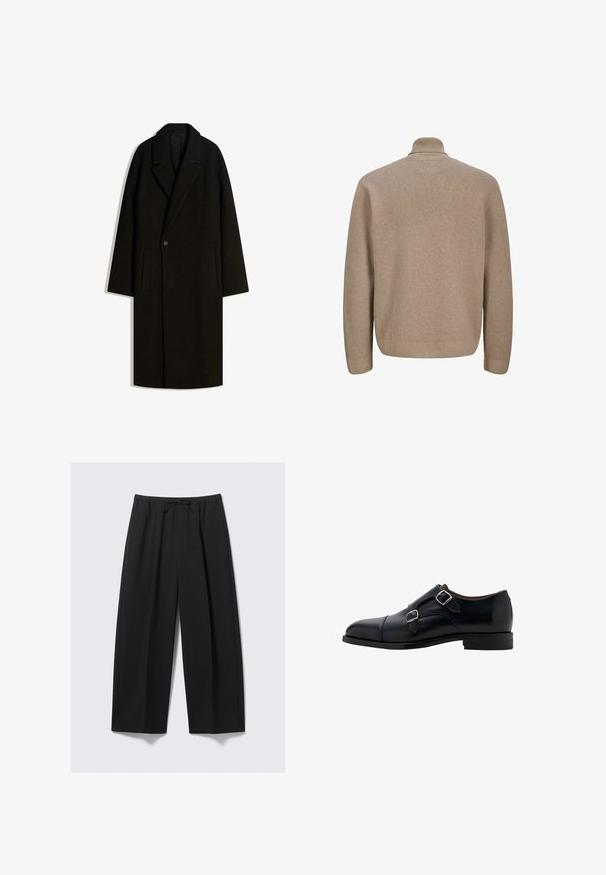 Lange zwarte wollen overjas met een brede kraag, sluiting met één knoop en steekzakken aan de zijkanten, plat weergegeven op een witte achtergrond.; Beige pullover trui met een hoge kraag, geribbelde textuur en lange mouwen. De achterkant heeft een glad, eenvoudig ontwerp zonder versieringen.; Zwarte wijdere broeken van lichtgewicht stof, met een elastische tailleband en een trekkoord, en zonder zichtbare zakken.; Zwarte leren nette schoen met dubbele gespen, een ronde neus en een gladde afwerking. Heeft een lage hak en een slanke vorm.