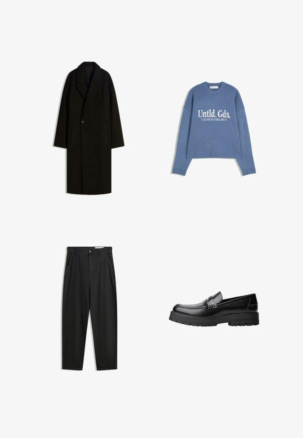 Pitkä musta villakangastakki leveällä kauluksella, yksittäisellä nappikiinnityksellä ja sivutaskuilla, esillä tasaisena valkoista taustaa vasten.; Sininen neulepaita, jossa valkoiset tekstit "Untld. Gds. KULTTUURI RAJOJEN YLI" edessä, varustettuna ribbaamalla knitattuja kaula-aukkoa, hihansuita ja helmaa.; Mustat puuvillahousut rentoa mallia, joissa on klassinen vyötärö, etukangastukset ja sivutaskut. Sileä pinta ilman kuvioita.; Musta nahkainen loaferi, jossa on paksu urheilupohja ja koristeellinen hihna yläpääkkeellä, esitettynä vasemman sivuprofiilin kuvassa valkoista taustaa vasten.