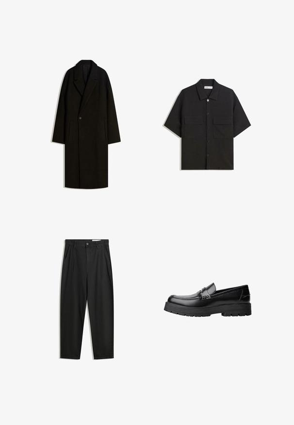 Dlhý čierny vlnený kabát s širokým golierom, jedným gombíkom a bočnými vreckami, vystavený na bielom pozadí.; Čierna polokošeľa s krátkym rukávom vyrobená z látky s hladkou textúrou, má dve predné vrecká, klasický golier a zapínanie na gombíky.; Čierne bavlnené nohavice s voľným strihom, s klasickým pásom, prednými záhybmi a bočnými vreckami. Hladká textúra bez vzorov.; Čierne kožené mokasíny s masívnou podrážkou a dekoratívnym pásom cez hornú časť, zobrazené z ľavého bočného profilu na bielom pozadí.