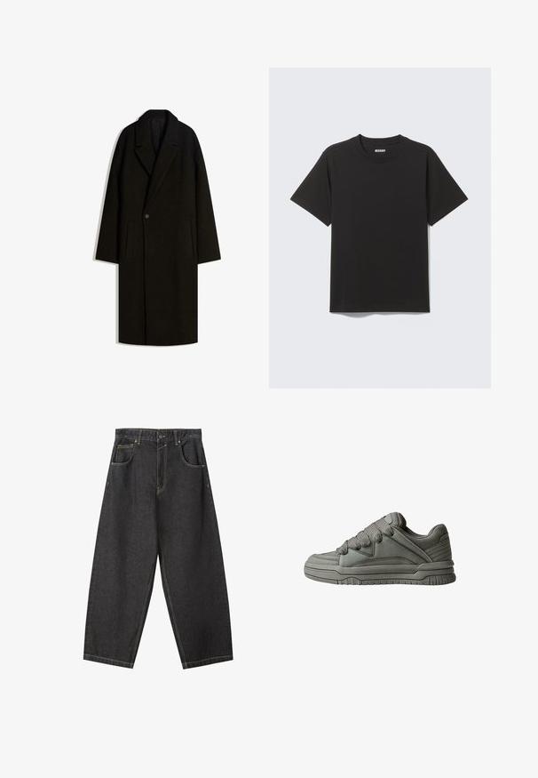 Palton lung din lână neagră, cu guler lat, închidere cu un singur nasture și buzunare laterale, expus plat pe un fundal alb.; Tricou negru cu mâneci scurte din bumbac moale, cu guler rotund și design simplu, fără modele sau accente.; Pantaloni largi din denim negru cu cusături galbene, design cu cinci buzunare și talie medie. Material texturat cu o finisare netedă.; Pantof de sport gri, cu un superior din piele texturată și plasă, talpă groasă din cauciuc și un limbaj proeminent, căptușit pe părțile laterale. Include șireturi și accente laterale.