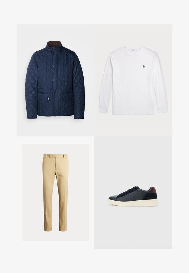 Jachetă căptușită bleumarin, cu guler înalt, închidere cu capse, două buzunare frontale și un model texturat în romb.; Tricou alb cu mânecă lungă, din bumbac. Are un decolteu rotund, mansete ribbate și un mic logo polo bleu închis pe pieptul stâng.; Chino khaki dintr-un material de bumbac fin, cu un design ajustat, plisseuri frontale și manșete la glezne pentru un aspect îngustat.; Sneakeruri pentru bărbați, cu talpă joasă, din piele neagră și suede, cu tab cuum maron și talpă din cauciuc alb, văzute din partea exterioară.