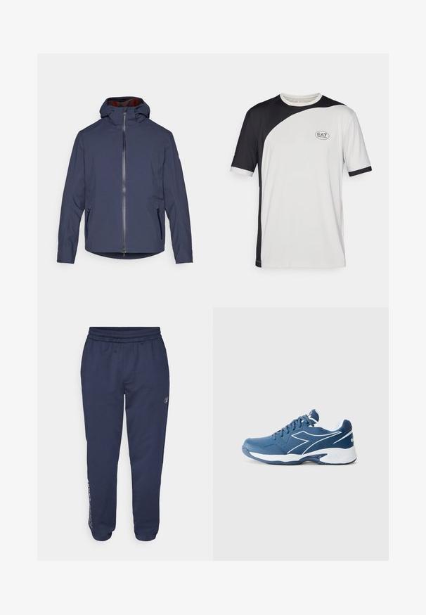 Tamsiai mėlynas vandeniui atsparus švarkas su gobtuvu, priekiu užtraukiamu užtrauktuku ir dviem šoninėmis kišenėmis. Sklandus paviršius ir šiek tiek prigludęs siluetas.; Trumpas rankovėmis T-shirts su juodos ir baltos spalvų blokų dizainu, pagamintas iš lengvos medžiagos. Su EA7 logotipu ant krūtinės.; Tamsiai mėlynos sportinės kelnės, pagamintos iš minkštos medžiagos, su raišteliu ties liemeniu, šoninėmis kišenėmis ir logotipo spauda kairiajame šone.; Diadora VOLEE - Teniso bateliai įvairiai dangai - einsign blue/white