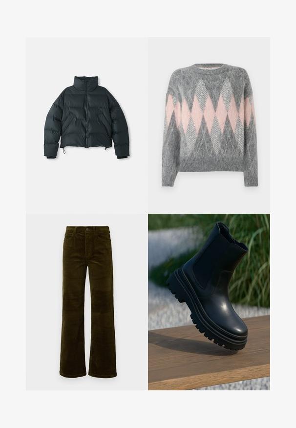 Casaco corta-vento preto com um colarinho alto, padrão acolchoado, fecho frontal com zíper e punhos elásticos; apresenta cordões ajustáveis na bainha.; Suéter de lã cinza com um padrão de losangos em rosa e cinza claro. Decote redondo e barra inferior canelada. Textura suave, mangas longas.; Duas blusas de gola alta de manga longa, uma branca e uma preta, feitas de um tecido liso e elástico, ambas com um design justo e colares altos.; Calças de veludo cotelê com corte boca de sino em verde oliva escuro. Apresenta cinco bolsos, um fecho de botão e textura ribete vertical. Ajuste padrão com um design clássico.; Bota de tornozelo em couro preto com sola robusta, painéis laterais elásticos e acabamento suave. Design elevado com detalhe de solado em contraste.