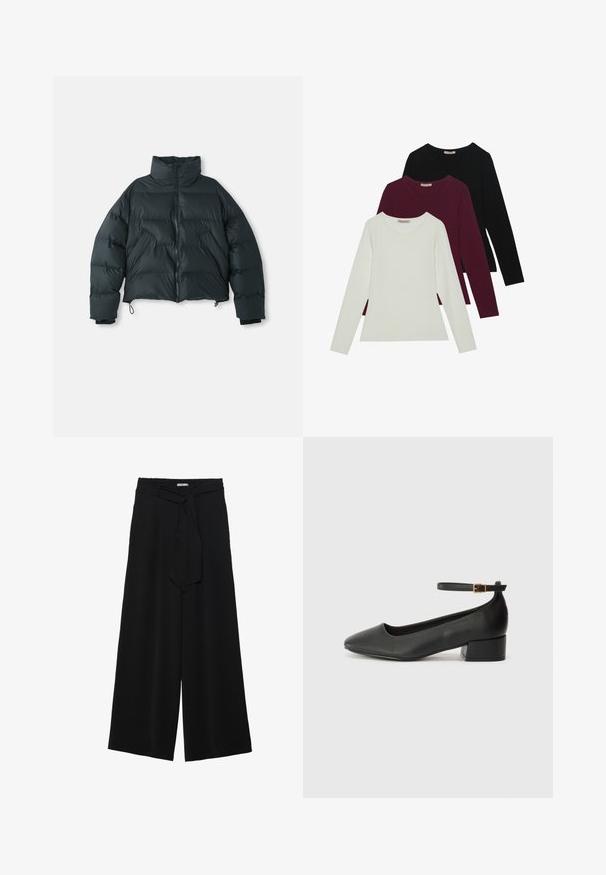 Jachetă puffer neagră scurtă, cu guler înalt, model matlasat, fermoar frontal și manșete elastice; dispune de șnururi ajustabile la tiv.; Tricouri cu mânecă lungă în alb, burgundy și negru. Realizate dintr-un material moale, cu un guler rotund și un design ajustat. Potrivite pentru straturi.; Pantaloni largi negri dintr-un material texturat, cu un tiv elastic și o panglică detașabilă la talie pentru un fit ajustabil.; Pantof cu toc negru din piele, cu vârf ascuțit și toc mic pătrat. Dispune de o curea la gleznă cu o cataramă în tonuri de aur. Textură netedă.
