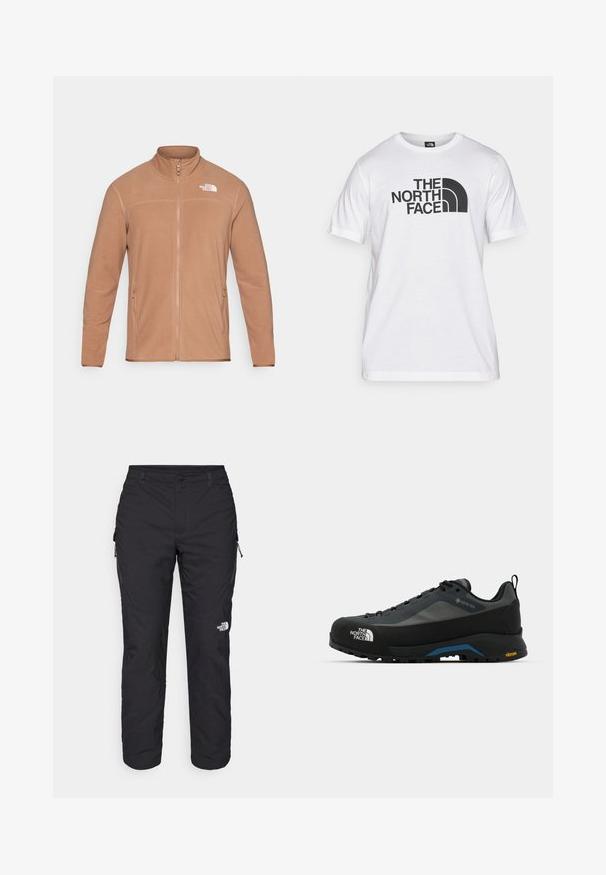 Brūns flīsa žakets ar augstu apkakli, rāvējslēdzēja aizdari un divām sānu kabatām. Uz augšējā kreisā stūra ir neliela balta logo. Gluda tekstūra.; Balts kokvilnas t-krekls ar melnu grafisko druku, kurā ir teksts un izliekta logo dizains. Apaļa kakla izgriezums un īsas piedurknes. Vienkārša tekstūra.; The North Face WINTER EXPLORATION TAPERED CARGO - Āra bikses - black; The North Face VERTO ALPINE GORE TEX - Pārgājienu apavi - asphalt grey/tnf black