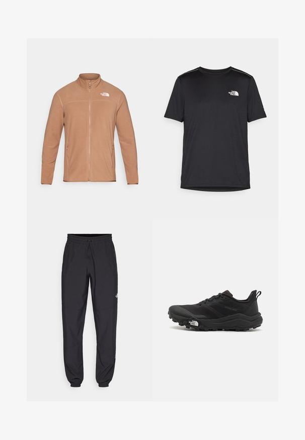 Casaco de lã castanho com gola alta, fecho de correr e dois bolsos laterais. Apresenta um pequeno logotipo branco no canto superior esquerdo. Textura suave.; T-shirt preto de manga curta feito de um tecido leve. Apresenta um pequeno logo branco ao lado esquerdo do peito e detalhes subtis nos ombros.; Calças atléticas pretas feitas de tecido leve, com um cós ajustável por cordão, bolsos laterais e punhos afunilados nos tornozelos.; Sapatilha de trail running preta com um upper texturizado, sola de borracha e biqueira reforçada. Possui um colarinho acolchoado e uma alça para facilitar o calçar.