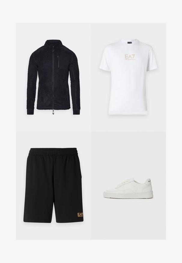 Giacca nera in tessuto strutturato con righe verticali, chiusura con zip, colletto rialzato e tasca sul petto. Maniche lunghe con polsini aderenti.; T-shirt bianco in cotone con scollatura rotonda e maniche corte, con il logo oro EA7 Emporio Armani stampato sul fronte.; Pantaloni sportivi neri realizzati in tessuto morbido, con vita elastica e un piccolo logo EA7 giallo sulla parte bassa della gamba sinistra.; Sneaker in pelle bianca con una finitura liscia, punta rotonda, lacci piatti e suola testurizzata. Presenta un logo discreto sul tallone.