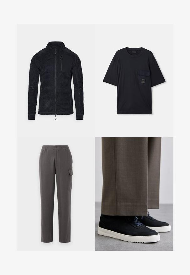 Jachetă neagră cu țesătură texturată și dungi verticale, închidere cu fermoar, guler ridicat și buzunar pe piept. Mâneci lungi cu mansete ajustate.; Tricou negru cu mânecă scurtă, de tip crew neck, cu un buzunar cu clapă pe partea stângă a pieptului, având o mică etichetă rectangulară cu logo.; Pantaloni gri cu o croială confortabilă, realizați dintr-un material fin. Dispune de închidere cu nasture, buzunare laterale și un buzunar tip cargo pe picior.; Tenisi din suede negru cu talpă din cauciuc alb, având vârf rotunjit și șireturi, purtați cu pantaloni gri ajustați.