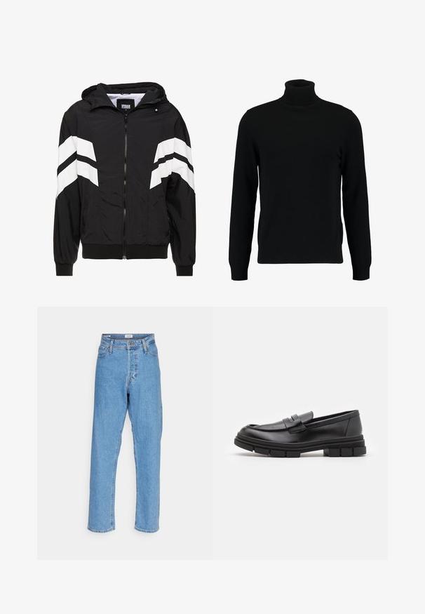 Black windbreaker jacket featuring white diagonal stripes, a zip closure, hood, elastic cuffs, and a solid black hem. Material appears lightweight.; Black turtleneck sweater made of a soft knit material. Features long sleeves, ribbed collar, and hem. Simple, sleek design without patterns.; Light blue high-waist straight-leg jeans with front button, zipper closure, belt loops, and five-pocket design on white background.; Black leather loafers with a smooth finish, featuring a front strap detail and a chunky rubber sole with grooved accents.