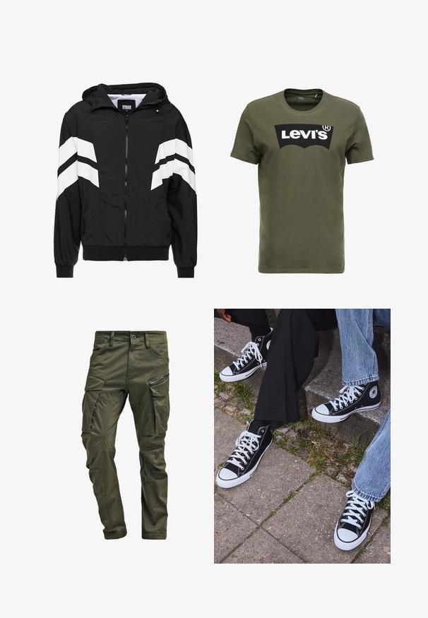 Sort vindjakke med hvide skrå striber, lynlås, hætte, elastiske manschetter og en ensfarvet sort kant. Materialet virker let.; Oliven grøn bomulds t-shirt med et stort sort Levi's logo på forsiden. Klassisk rund hals og korte ærmer, glat tekstur.; Olivenfarvede cargo-bukser lavet af slidstærk bomuld. Har flere lommer, en lynlåslomme på siden og tapered ben med en let tekstureret overflade.; Sorte høje canvas sneakers med hvide gummisåler og snørebånd, prydet med et cirkulært logo på siden og parret med denim og sorte bukser.