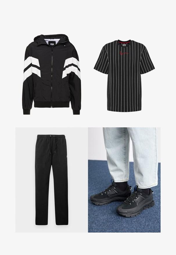 Black windbreaker jacket featuring white diagonal stripes, a zip closure, hood, elastic cuffs, and a solid black hem. Material appears lightweight.; Black short-sleeve t-shirt featuring white vertical stripes and a small red embroidered logo on the chest. Soft cotton fabric.; Black sweatpants made of fleece, featuring an elastic waistband with drawstrings, two front pockets, and a small logo on the thigh.; Black athletic shoes with textured fabric and rubber soles, featuring elastic laces and a blue accent on the heel. Worn with light denim pants.