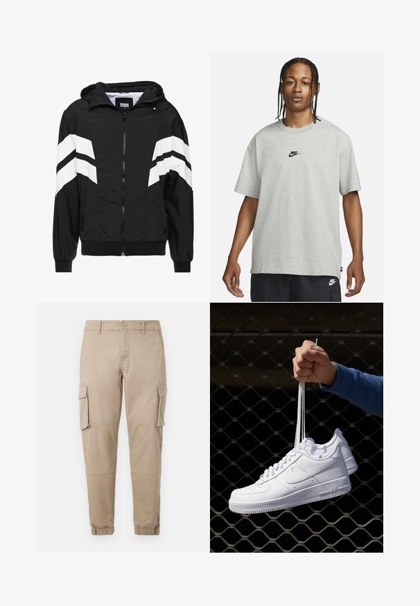 Mustan tuulenpitävän takin, jossa on valkoiset viisteviivat, vetoketjukiinnitys, huppu, joustavat hihansuut ja vahva musta helma. Materiaali näyttää kevyeltä.; Noor, kellel on punutud juuksed, kannab heledat halli Nike T-särki ja musti Nike lühikesi pükse,neutraalset valget tausta vastu.; Beežid cargo-püksid kergest puuvillaste materjalist. Omab elastseid varrukatükke, mitmeid külgpocket'ite ja nööbiga sulgemist.; Valged nahast tennisetossud, millel on perforatsioonid, ümar nina, lame tallus ja paksud nöörid, nähtava swooshi logoga ja "AIR" kontsadel.