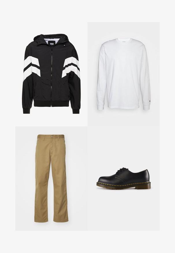 Sort vindjakke med hvide skrå striber, lynlås, hætte, elastiske manschetter og en ensfarvet sort kant. Materialet virker let.; Hvid langærmet T-shirt lavet af bomuld. Rund halsudskæring med ribbede manchetter og et lille logo på venstre ærme. Glat tekstur.; Khaki chinos med lige bendesign, lavet af glat bomuldsstof. Har en knaplukning foran og sidelommer.; Sort lædersko med rund tå, snørebåndsdesign, gul syning langs sålen og en kraftig, tekstureret gummisål.