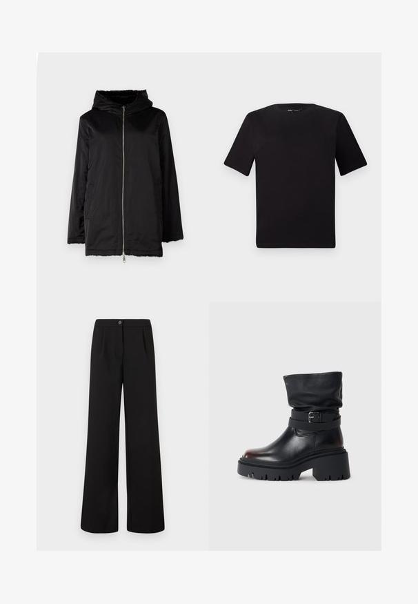 Melnā kapucēta jaka, izgatavota no gludas materiāla, ar priekšējo rāvējslēdzēju, sānu kabatām un plīša oderi ap kapuci un apakšmalu.; Melnas īsām piedurknēm T-krekls ar apaļu kakla izgriezumu, izgatavots no mīksta kokvilnas auduma. Vienkāršs dizains, bez redzamām logo vai rakstiem.; Melni augstais viduklis plašie bikses ar priekšējo pogu un rāvējslēdzēju, ar nelieliem krokām zem jostasvietas.; Melnas ādas potītes zābaki ar vaļīgu augšdaļu, sprādzi, un biezu, izturīgu zoli. Iezīmē apaļu purngalu un gludu tekstūru.