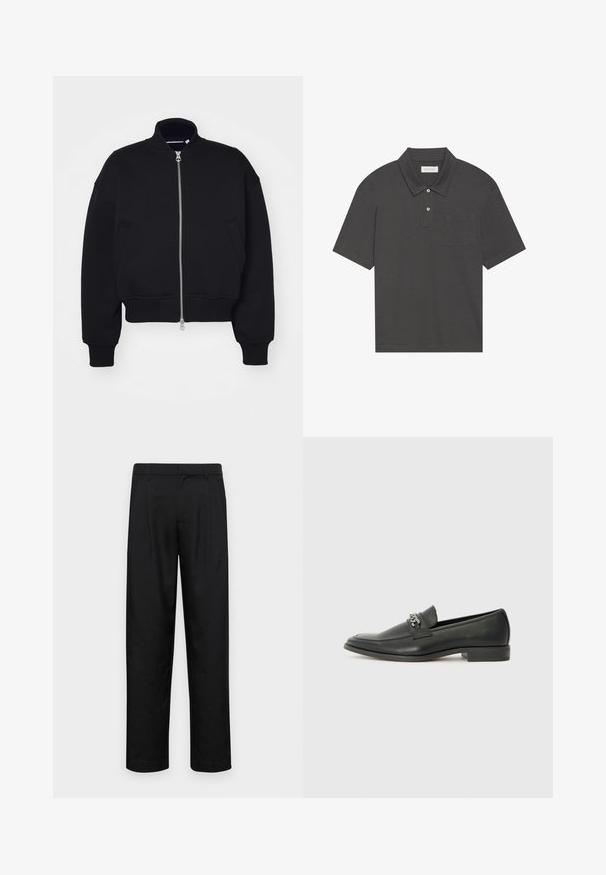 Jachetă bomber neagră, scurtă, fabricată dintr-un material moale, având guler înalt, fermoar frontal și buzunare laterale. Design simplu cu manșete ribbate.; Cămașă polo gri închis cu guler tradițional, închidere cu trei nasturi, mâneci scurte și buzunar pe partea stângă a pieptului. Textură de țesătură netedă.; Pantaloni negri dintr-un material neted, cu un design drept, două pliuri frontale și un tiv standard cu bucle pentru curea.; Pantofii negri din piele cu un finisaj neted, având un design cusut și un accent decorativ de lanț metalic peste partea de sus. Toc plat.