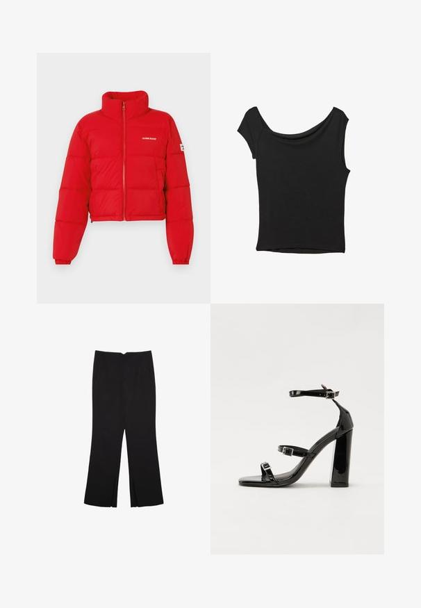 Guess Jeans Vinterjakker - rot; Sort kortærmet top lavet af glat stof; har en draperet halsudskæring og en asymmetrisk kant, med en tætsiddende pasform.; Sorte bukser med lige pasform, der har frontlommer og slidser i kanten. Lavet af blødt, glat stof. Velegnet til forskellige anledninger.; Sorte patenterede hælsandaler med firkantet tå, ankelremme og sølvspænder. Har en chunky blokHæl for stabilitet.