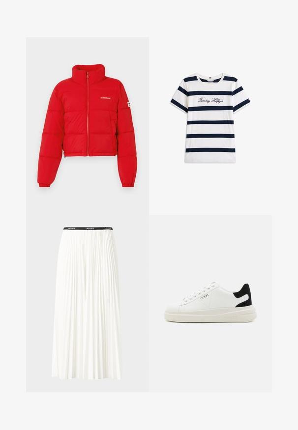 Guess Jeans Ziemas jaka - rot; Kokvilnas T-krekls ar horizontālām tumši zilām svītrām uz balta fona. "Tommy Hilfiger" izšūts skriptā uz krūšu daļas. Cauruma apkakle.; Gari plānas baltas svārku ar melnu elastīgu jostu, uz kuras redzams "LACOSTE" logo. Vidēja garuma dizains ar mīkstu tekstūru.; Baltas ādas sporta apavi ar biezu balto zoli, melna zamša uzpura un izspiestais logotips sānos. Šņorējuma dizains ar sešiem acu caurumiem.