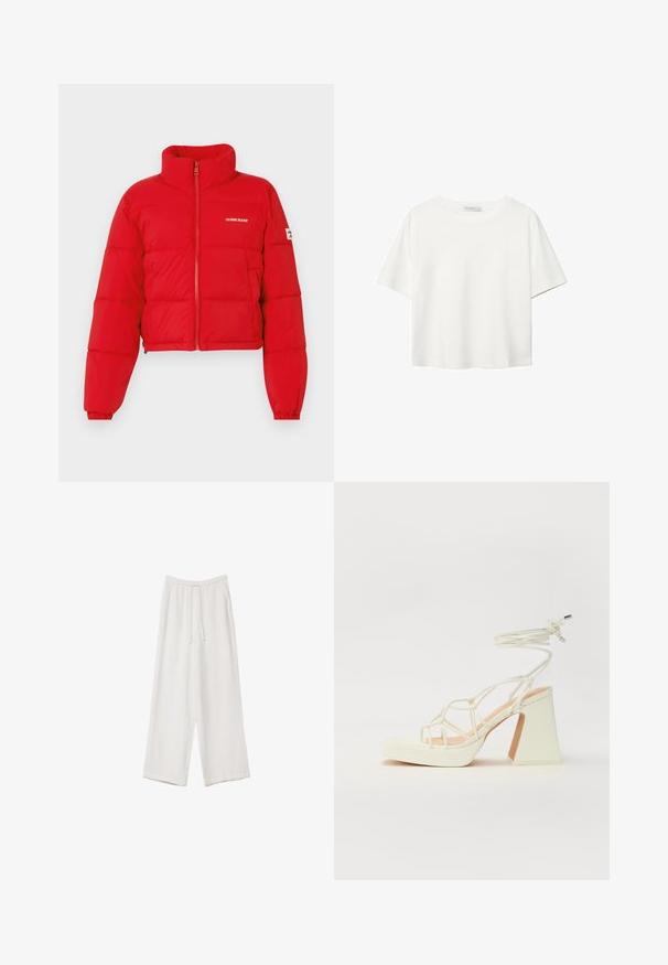 Guess Jeans Zimná bunda - rot; Biela krátkopsová tričko vyrobené z bavlny. Má okrúhly výstrih a voľný strih. Hladká textúra bez viditeľných vzorov alebo akcentov.; Biele široké nohavice vyrobené z ľahkej tkaniny. Obsahujú elastický pás so sťahovacou šnúrkou a bočné vrecká. Hladká textúra.; Biele sandále na vysokom opätku s hrubým podpätkom, s pruhovaným dizajnom a viazaním na členku. Hladký povrch s platformou vpredu pre zvýšenú výšku.