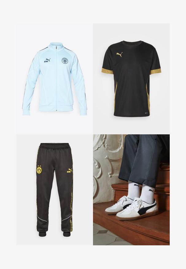 Chaqueta de chándal azul claro con cremallera y detalles en azul oscuro, con ribetes blancos y un logo bordado. Cuenta con puños y cinturilla de canalé.; Camiseta deportiva negra con acentos dorados en las mangas y los laterales. Presenta un cuello redondo, mangas cortas y tejido DRYCELL que absorbe la humedad.; Pantalones deportivos negros con los logotipos amarillos de Borussia Dortmund BVB 09 y Puma King, banda elástica en la cintura y rayas laterales amarillas con un diseño.; Zapatillas Puma en gamuza blanca y negra, con una suela de goma marrón. Combinadas con calcetines blancos que muestran un logo negro, llevados con pantalones oscuros.