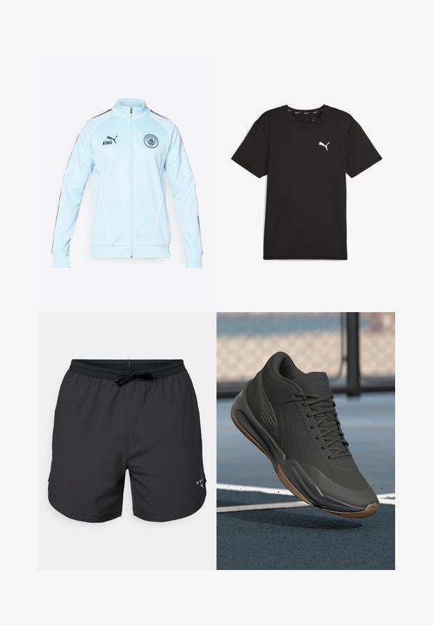 Vaaleansininen vetoketjullinen urheilu takki tummansinisillä yksityiskohdilla, valkoisella kaitaleella ja kirjailulla logolla. Siinä on ribbireunukset hihansuissa ja vyötäröllä.; Lyhythihainen musta urheilupaita, joka on valmistettu synteettisestä kankaasta. Vasemmassa ylärinnassa on valkoinen Puma-logo. Paidan pinta on sileä ja kaula-aukko on pyöreä.; Mustat uimalahkeet, joissa on joustava vyötärönauha ja naru. Kevyt kangas, jossa on sivutaskut. Hieman logo helman kohdalla.; Musta urheilujalkine, jossa on sileä synteettinen päällinen, tekstuuriset yksityiskohdat ja kuminen pohja, suunniteltu suorituskykyä ja mukavuutta varten.