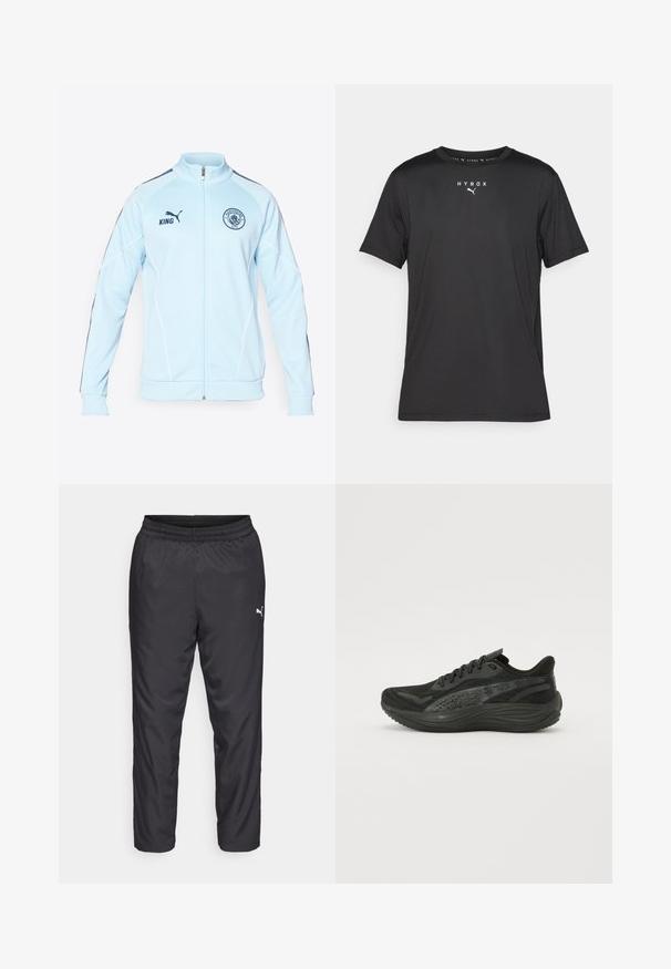 Lyseblå zip-up træningsjakke med mørkeblå accenter, hvid piping og et broderet logo. Har ribbede manchetter og linning.; Sort sports t-shirt med korte ærmer lavet af letvægtsstof. Har en rund halsudskæring og trykt "HYROX" logo med Puma-emblem på forsiden.; Sorte træningsbukser lavet af glat, let materiale. Har en elastisk talje og et lille hvidt logo på venstre side.; Sort atletiksko med en struktureret mesh-overdel, flade snørebånd og en polstret sål med diskrete reflekterende accenter.