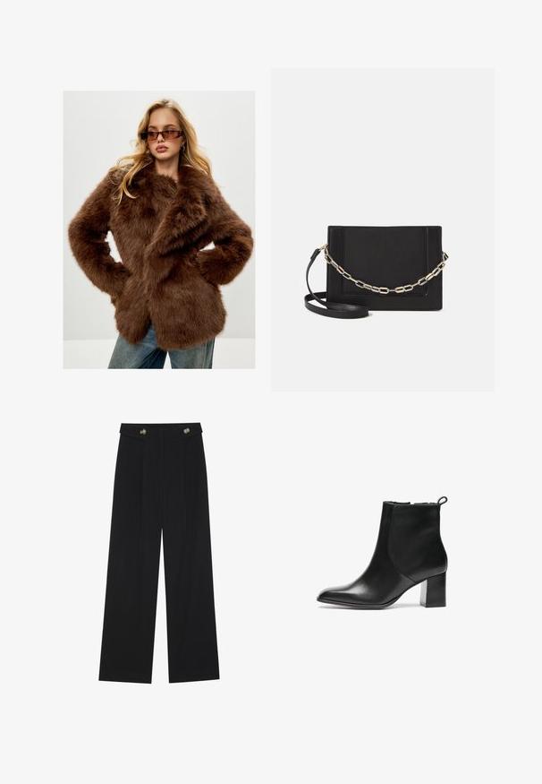 Cesare Gaspari Geacă - brown; Top negru cu mânecă lungă, cu mansete evazate, textură moale și croială lejeră, având un guler rotund simplu.; Pantaloni negri cu picioare largi, talie înaltă, detalii cu butoane pe talie și pliseuri în față.; Bocanc negru din piele până la gleznă, cu vârful rotunjit, toc bloc de înălțime medie și o bucată de prindere în spate. Textură netedă, design minimalist.; Geantă de umăr din piele neagră, cu o textură netedă, formă rectangulară și un detaliu din lanț metalic în față. Include curea reglabilă.