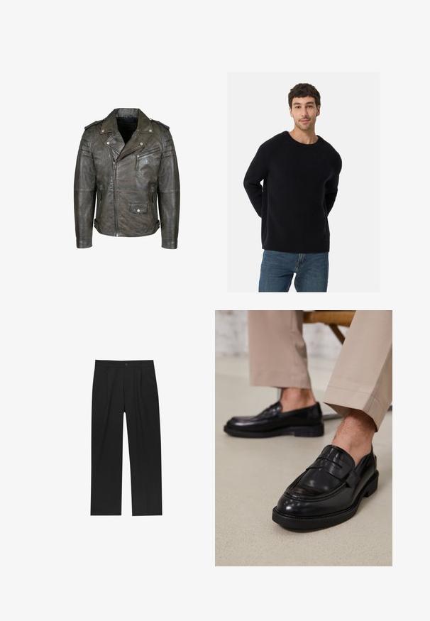 Brązowa skórzana kurtka motocyklowa z paskiem w talii, epoletami na ramionach, zamykanymi kieszeniami i teksturowanym wykończeniem. Posiada asymetryczny zamek z przodu.; Czarny sweter prążkowany z okrągłym dekoltem i luźnym krojem. Miękka tekstura, długie rękawy, w zestawie z niebieskimi dżinsami.; Czarne spodnie o prostym kroju, wykonane z gładkiego materiału. Posiadają zakładki z przodu i pojedyncze zapięcie na guziki w pasie.; Czarne skórzane mokasyny o gładkim wykończeniu, z dekoracyjnym paskiem i kontrastowym szwem, w połączeniu z beżowymi spodniami.