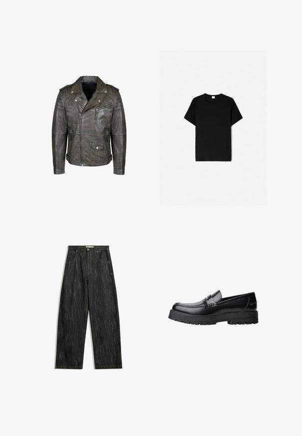 Braune Leder-Bikerjacke mit tailliertem Bund, Schulterepauletten, Reißverschlusstaschen und strukturiertem Finish. Mit asymmetrischem Frontreißverschluss.; Schwarzes T-Shirt mit kurzen Ärmeln, klassischem Rundhalsausschnitt, aus weichem Baumwollmaterial, mit glatter Textur und ohne sichtbare Muster oder Akzente.; Dunkelblaue Jeans mit lockerer Passform, mit subtiler vertikaler Struktur, gelben Nähten, fünf Taschen und klassischem Knopfverschluss.; Schwarzer Lederloafer mit grobem, rutschfestem Sohlenprofil und dekorativem Riemen über der Oberseite, seitlich links auf weißem Hintergrund abgebildet.