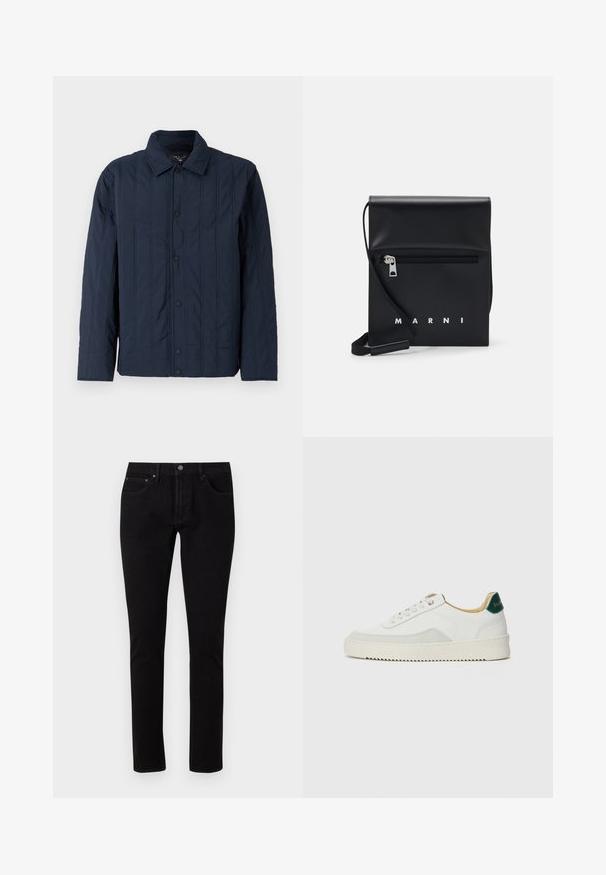 Dunkelblau gesteppte Jacke mit kragenförmigem Ausschnitt, ausgestattet mit vertikalen Nähten und schwarzen Druckknöpfen auf der Vorderseite. Glatte Textur.; Weißes Langarm-Hemd mit Knöpfen aus Baumwolle, ausgestattet mit einer Brusttasche mit tonalem Stickerei, einem Kragen und Knopfmanschetten.; Schwarze Jeans aus Denim mit Slim-Fit, ausgestattet mit einem normalen Bund, fünf Taschen und metallischen Akzenten. Glatte, leicht dehnbare Textur.; Weiße Sneaker mit Wildlederelementen, runder Zehenpartie, flachen Schnürsenkeln und einer cremefarbenen Gummisohle. Mit grünen Markenlogo am Fersenbereich.; Schwarze Leder-Crossbody-Tasche mit einer Reißverschlusstasche vorne, geprägtem Logo und verstellbarem Tragegurt. Glatte Oberfläche mit strukturierter Form.