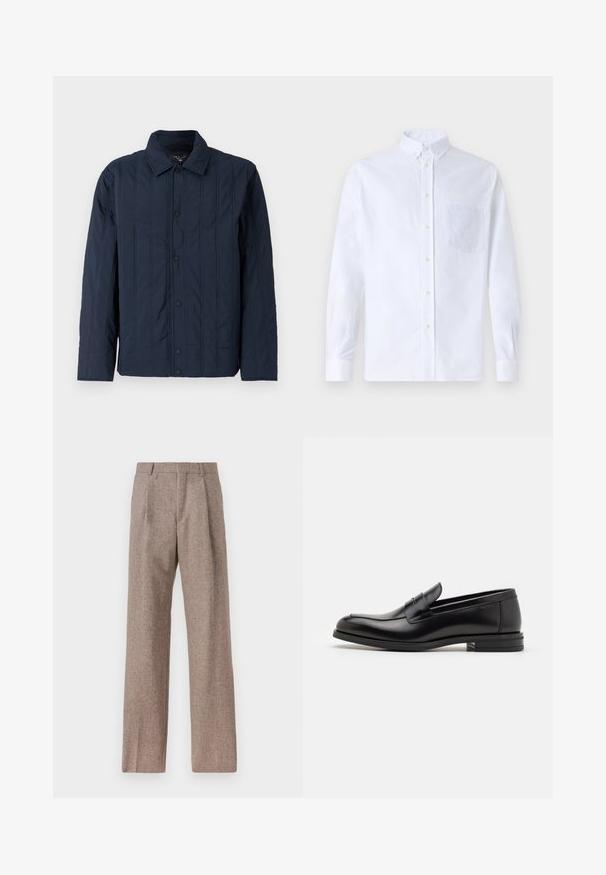 Sötétkék steppelt dzseki, galléros nyakkivágással, függőleges varrásokkal és fekete patentgombokkal az elején. Simára csiszolt textúra.; Fehér, hosszú ujjú, gombos ing pamutból, mellzsebbel, tónusos hímzéssel, gallérral és gombos mandzsettával.; Barna, magas derekú nadrág texturált anyagból. Széles szárai és két elülső redője biztosítja a struktúrát. Ízléses kivitel, látható fémszerelés nélkül.; Fekete bőr loaferek sima textúrával, kerek orral és dekoratív pánttal a vampnál. Alacsony, rétegelt sarkú, minimalista dizájn.