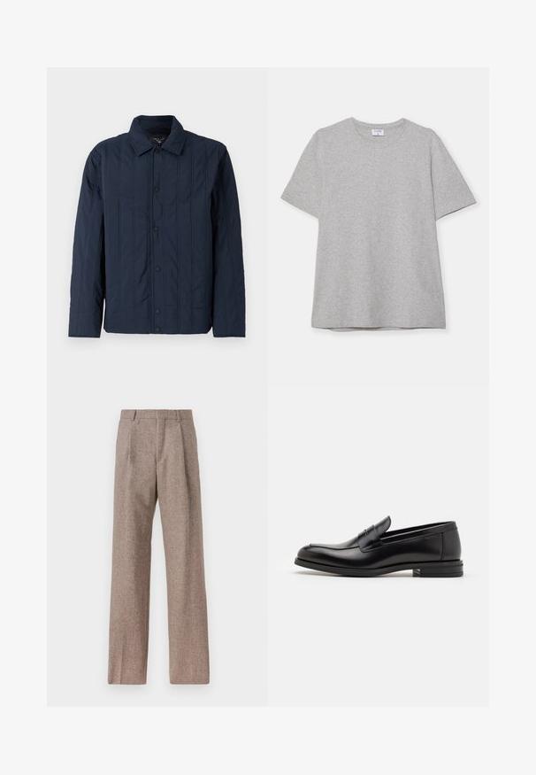 Granatowa pikowana kurtka z kołnierzykiem, z pionowymi szwami i czarnymi zatrzaskami z przodu. Gładka faktura.; Szary krótki rękaw T-shirt wykonany z miękkiego, fakturowanego materiału. Posiada klasyczny okrągły dekolt i prosty dół, idealny do noszenia na co dzień.; Brązowe, wysokiej talii spodnie wykonane z teksturowanej tkaniny. Posiadają szerokie nogawki i dwa przednie zakładki dla lepszej struktury. Starannie wykończone, bez widocznych elementów metalowych.; Czarne skórzane mokasyny o gładkiej fakturze, zaokrąglonym nosku i dekoracyjnym pasku na przodzie. Niski, warstwowy obcas, minimalistyczny design.