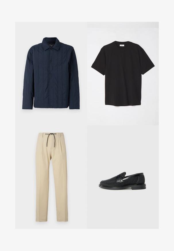 Jūras zilās krāsas kviltētā jaka ar apkakles izgriezumu, kurai ir vertikālas šuves un melni spiedpogas priekšpusē. Gluda struktūra.; Melna kokvilnas T-krekls ar apaļu kakla izgriezumu, īsām piedurknēm un brīvu piegulšanu. Vienkāršs dizains, gluda tekstūra un bez redzamām rakstiem vai logotipiem.; Bēša bikses ar taisnu piegriezumu, ar auklu jostu, krokām priekšpusē un gludu tekstūru. Vienkāršs, daudzpusīgs dizains.; Melnas austas slaidu kurpes ar gludu ādas akcentu augšpusē, apaļas formas purngalu un zemas profila gumijas zoli.