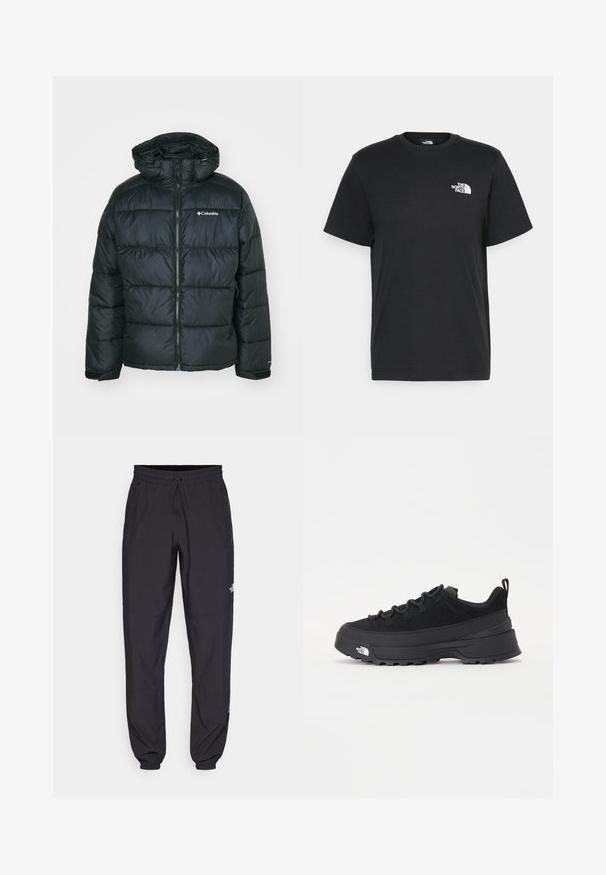 Giacca nera imbottita con zip frontale e cappuccio. Presenta un design trapuntato, polsini elasticizzati e un piccolo logo sulla parte sinistra del petto.; T-shirt nera in cotone con maniche corte, colletto a giro, e un piccolo logo bianco sul lato sinistro del petto. Design semplice, texture liscia e vestibilità rilassata.; Pantaloni sportivi neri realizzati in tessuto leggero, con vita regolabile con cordino, tasche laterali e orli affusolati alle caviglie.; Sneaker da esterno nera con parte superiore in suede, suola in gomma testurizzata e robusto sistema di allacciatura. Presenta un tallone rinforzato e il logo del marchio sul lato.