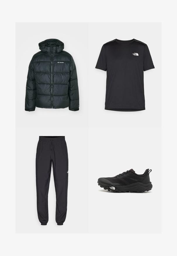 Black puffy jacket with a zip front and hood. Features a quilted design, elastic cuffs, and a small logo on the left chest area.; Black short-sleeve T-shirt made from lightweight fabric. Features a small white logo on the left chest and subtle shoulder accents.; Black athletic pants made from lightweight fabric, featuring a drawstring waistband, side pockets, and tapered cuffs at the ankles.; Black trail running shoe with a textured upper, rubber sole, and reinforced toe cap. Features a padded collar and pull tab for easy wear.
