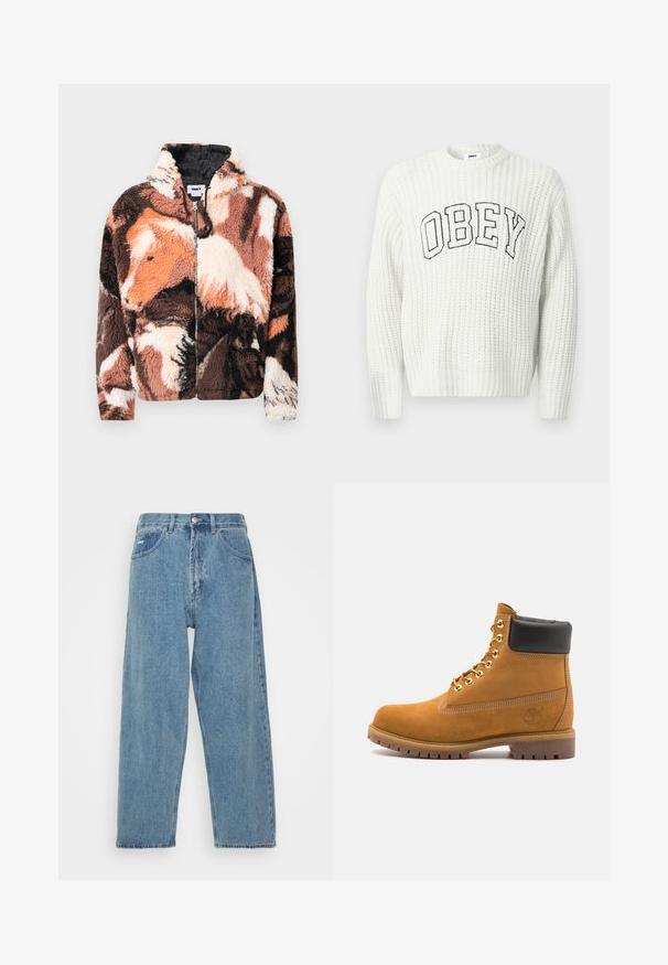 Fleece jacket with a brown, black, and cream abstract cow pattern, zip front, and hood, featuring a soft, textured surface.; White knitted sweater featuring "OBEY" in black lettering across the chest, with a ribbed texture and crew neckline.; Light blue denim jeans with a high-waist, relaxed fit, featuring two front pockets, a back patch pocket, and a button closure.; Tan suede ankle boot with black padded collar, gold metal eyelets, white stitching detailing, and rugged rubber sole with pronounced treads.