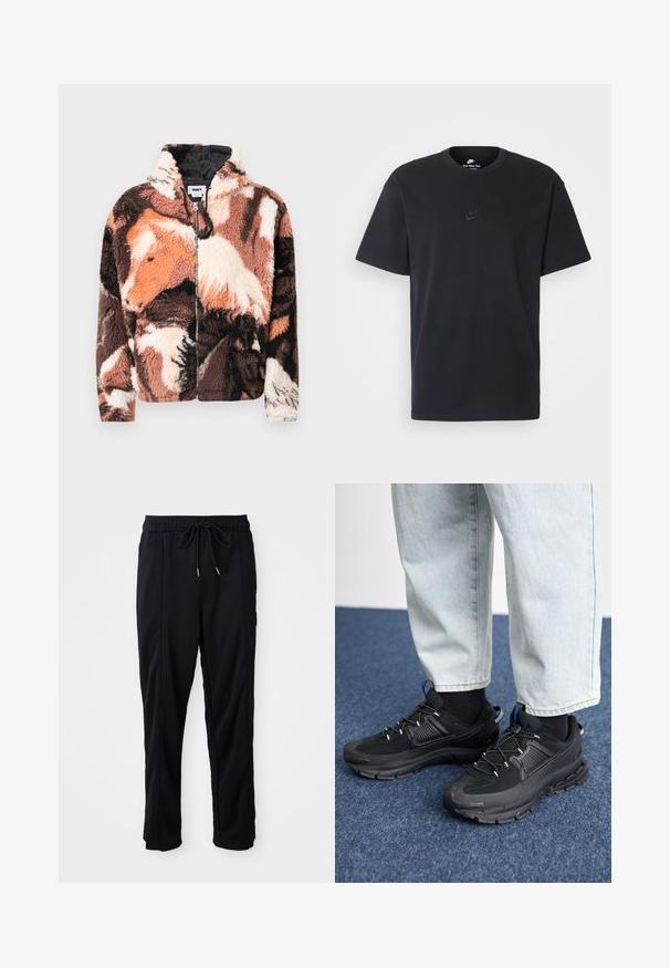Gyapjúdzseki barna, fekete és krémszínű absztrakt tehénmintával, elöl cipzáros és kapucnis, puha, texturált felülettel.; Fekete pamut póló Nike márkájú, klasszikus, kerek nyakú, rövid ujjú, és letisztult, dombornyomott logóval a mellkason. Simább textúra.; Fekete húzózsinóros, kényelmes nadrág oldalsó varrású zsebekkel és egyenes szabással, egyszínű háttéren.; Fekete sportcipők texturált anyaggal és gumitalppal, elasztikus fűzőkkel és kék kiegészítővel a saroknál. Világos farmernadrággal viselve.