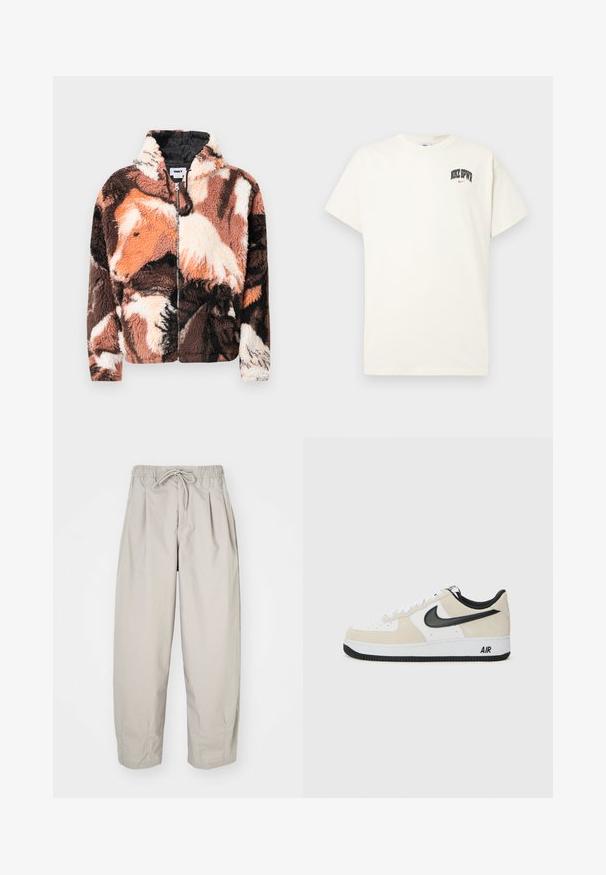 Fleece-takki, jossa on ruskea, musta ja kerma maalaileva lehmäkuvio, vetoketjulla edessä ja huppu, pehmeä ja teksturoitu pinta.; Kermanvärinen puuvillapaita lyhyillä hihoilla, jossa rintakehässä on musta- ja punateksti "NIKE SB". Standardi pyöreä kaula-aukko.; Haal beige, kevyet housut, joissa on joustava vyötärö ja nauhakuulut. Täydentää pleatit ja löysä istuvuus, valmistettu pehmeästä, sileästä kankaasta.; Juoksukengät, joissa on vaalea beige mokka- ja valkoiset nahkaketju, musta Nike-logoelementti, mustat yksityiskohdat ja valkoinen kumipohja, jossa on "AIR"-brändäys.