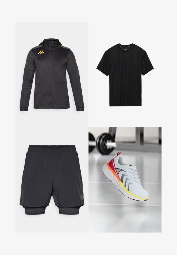 Zwarte zip-up jas met capuchon, gemaakt van gladde stof. Kenmerkt zich door een gouden logo op de borst en schouder, en grijze accenten op de mouwen.; Zwart T-shirt met korte mouwen, gemaakt van zachte stof, met een ronde halslijn en een klein zwart geborduurd logo op de linkerborst.; Zwarte sportshorts met een elastische tailleband, gelaagd ontwerp en een aansluitende binnenvoering. Bevat een subtiele logo aan de onderkant.; Witte sportieve sneaker met een bovenwerk van mesh, kleurrijke accenten in rood, oranje en geel, met een gestructureerde zool en zwarte details.