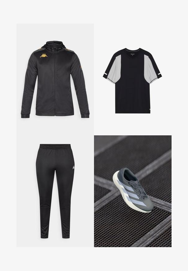 Μαύρο μπουφάν με φερμουάρ και κουκούλα, κατασκευασμένο από λείο ύφασμα. Διαθέτει χρυσό λογότυπο στο στήθος και στον ώμο, καθώς και γκρίζες λεπτομέρειες στα μανίκια.; Μαύρη και γκρι αθλητική μπλούζα με κοντά μανίκια, με υφή γκρι πάνελ σε κάθε πλευρά και ελάχιστες λεπτομέρειες ραφής.; Μαύροι αθλητικοί παντελόνες κατασκευασμένοι από λείο, ελαστικό ύφασμα, με ελαστική μέση και λευκό λογότυπο στο αριστερό μηρό.; Αθλητικό παπούτσι σε γκρι και λευκό, κατασκευασμένο από συνθετικό υλικό, με κομψό σχεδιασμό, υφή και έντονο σύστημα δέσιμο.