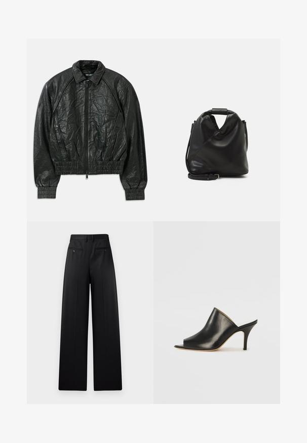 Must selledega kortsus must nahktagi, millel on ees lukk, elastsed varrukad ja alläär, ning külgmised kaldu taskud, valge tausta peal.; Kootud sviiter, millel on beez ja musta värvi teemantmuster ning järkjärguline värvifadeerumine. Ümar kaelus ja pikad varrukad. Pehme tekstuur.; Mustad lai jalad, millel on lamedad eesmine osa, kaks tagumist taskut nupuga ja sile tekstuur. Kohandatud disain otse lõikega.; Must musta avatud varbaga king, millel on sujuv ja kumer disain, kõrge stilettokõrgus ja sile tekstuur. Siseosa on kontrastse heleda värviga.; Must ja pehme nahast kott, millel on unikaalne keerdkujuline disain. Omab lühikest kätset ja eemaldatavat õlarihma. Minimalistlik stiil.