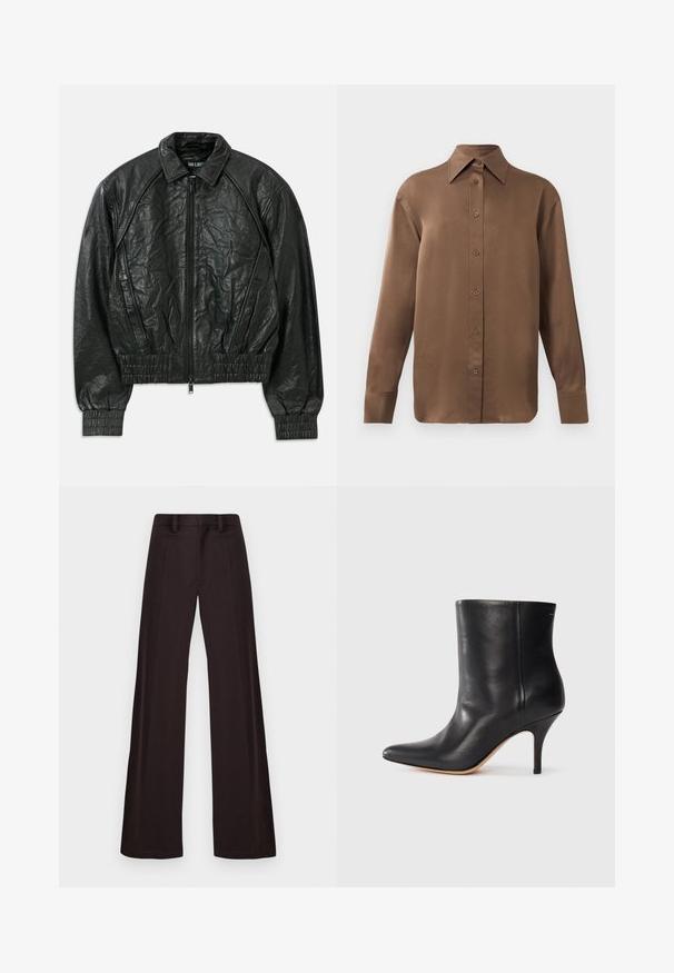 Casaco de pele preto e enrugado com fecho de correr frontal, punhos e bainha elásticos, e bolsos laterais inclinados num fundo branco.; Camisa branca de mangas longas com botões e colarinho pontudo, exibida contra um fundo branco liso.; Calças largas feitas de tecido escuro, com uma textura suave, passantes para cinto e um vinco frontal, apresentando um design limpo e sem adornos.; Botim de tornozelo em pele preta com biqueira pontiaguda, salto fino em stiletto e textura suave. Design minimalista sem hardware ou detalhes visíveis.
