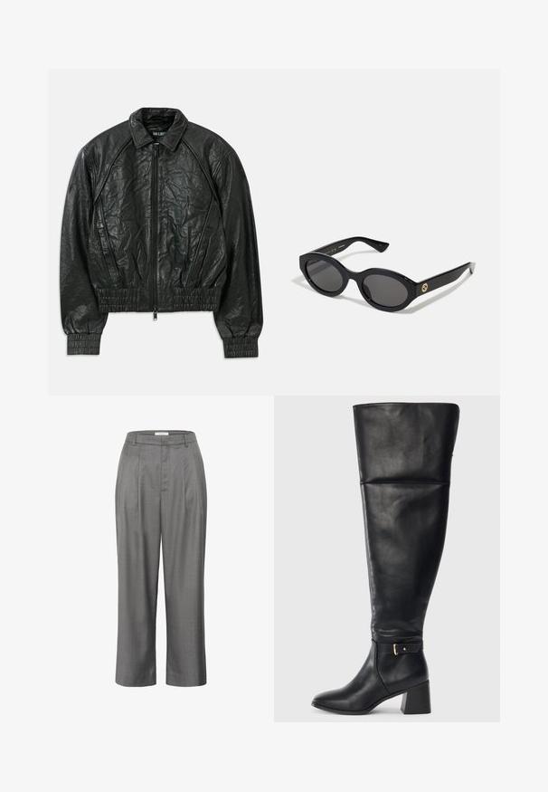 Melnas krunkainas ādas jaka ar priekšējo rāvējslēdzēju, elastīgiem piedurkņu galiem un apakšmalu, kā arī slīpām sānu kabatām uz baltas fona.; Gari ar garām piedurknēm, tērpiem ar augstu apkakli, gaiši beidzot. Izgatavots no mīksta, elastīga auduma, ar brīvu piegriezumu un pārlocītu apkakli.; Pelēki uzvalka bikses ar taisnu piegriezumu, ar krokotām priekšpusēm, gludu auduma tekstūru un klasisku jostas dizainu.; Melna ādas līdz ceļiem zābaks ar blokveida papēdi un dekoratīvu jostu ar zelta sprādzi virs potītes, sānu skats uz baltā fona.; Melnas ovālās saulesbrilles ar tumšiem stikliem un spīdīgu plastmasas rāmi. Iezīmētas ar zelta logo uz tempļa, nodrošinot elegantu un modernu dizainu.