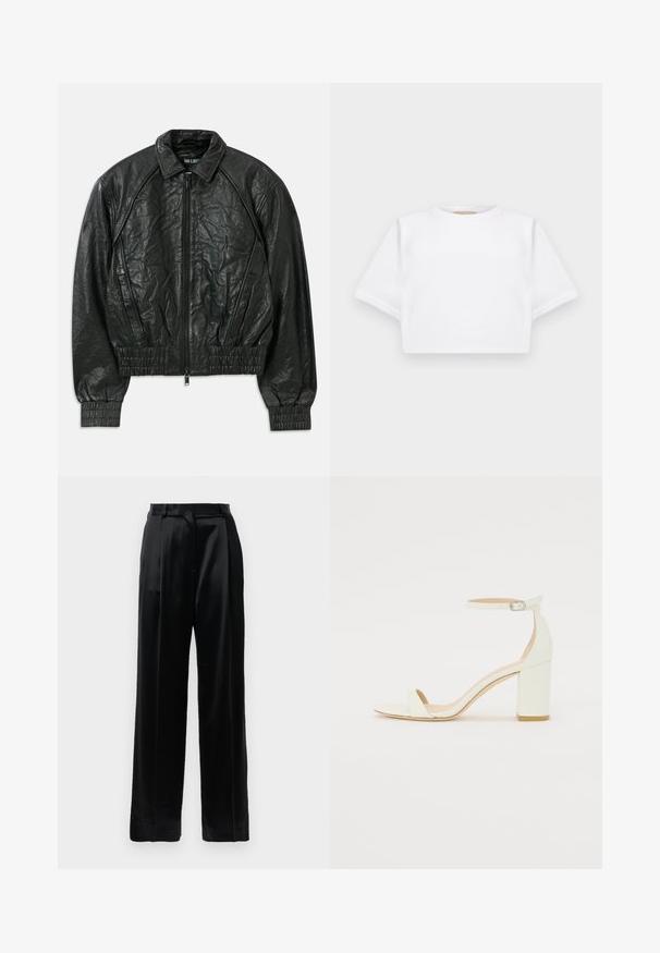 Črna gubana usnjena jakna z zadrgo spredaj, elastičnimi manšeti in robom ter poševnimi stranskimi žepi na beli podlagi.; Kratka bela majica iz mehkega materiala, s kratkimi rokavi, okroglega izreza in rebrastimi robovi. Preprost in neokrašen dizajn.; Črne satenske hlače visoke pasu z ravnimi širokimi nogami, z zankami za pas in ravnim sprednjim zapiranjem na enobarvni beli podlagi.; Bela usnjena sandala z blok peto, ki ima zanko okoli gležnja s sponko in minimalističen dizajn. Odkrit prst in gladke teksture po vsej površini.